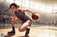 A woman in a basketball uniform crouching on a basketball court.