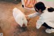 A woman petting a white dog in front of a painting.